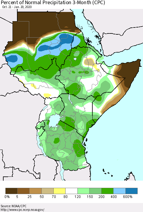 Eastern Africa Percent of Normal Precipitation 3-Month (CPC) Thematic Map For 10/21/2019 - 1/20/2020