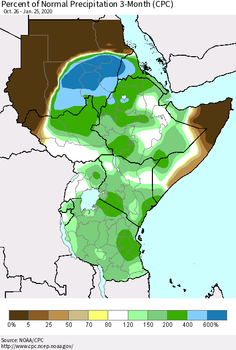 Eastern Africa Percent of Normal Precipitation 3-Month (CPC) Thematic Map For 10/26/2019 - 1/25/2020