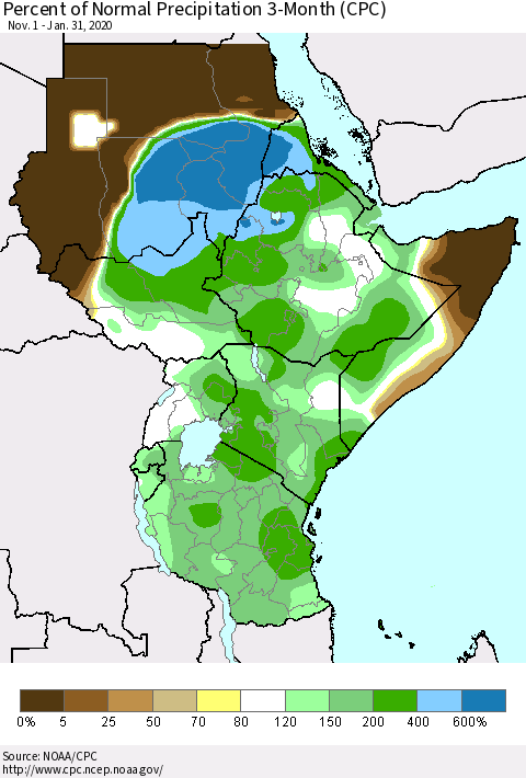 Eastern Africa Percent of Normal Precipitation 3-Month (CPC) Thematic Map For 11/1/2019 - 1/31/2020