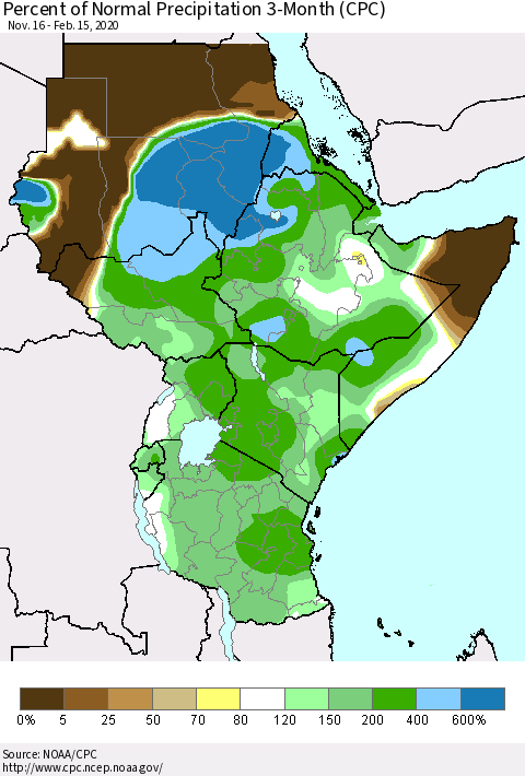 Eastern Africa Percent of Normal Precipitation 3-Month (CPC) Thematic Map For 11/16/2019 - 2/15/2020