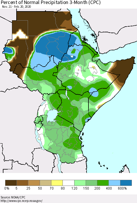 Eastern Africa Percent of Normal Precipitation 3-Month (CPC) Thematic Map For 11/21/2019 - 2/20/2020
