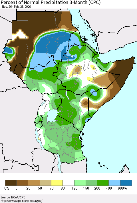 Eastern Africa Percent of Normal Precipitation 3-Month (CPC) Thematic Map For 11/26/2019 - 2/25/2020