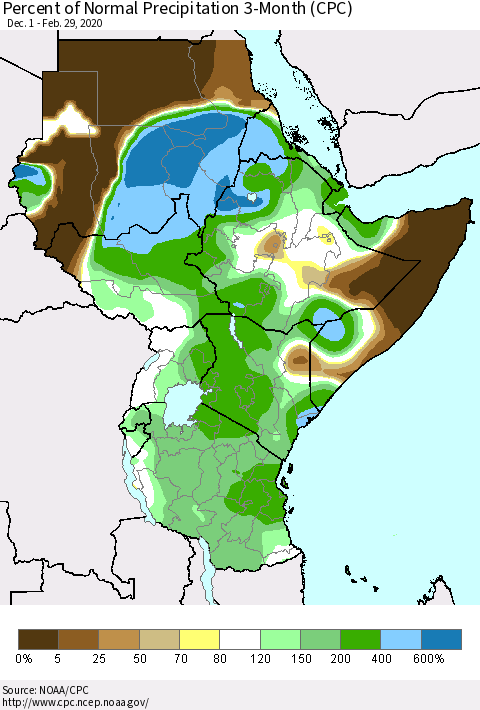 Eastern Africa Percent of Normal Precipitation 3-Month (CPC) Thematic Map For 12/1/2019 - 2/29/2020