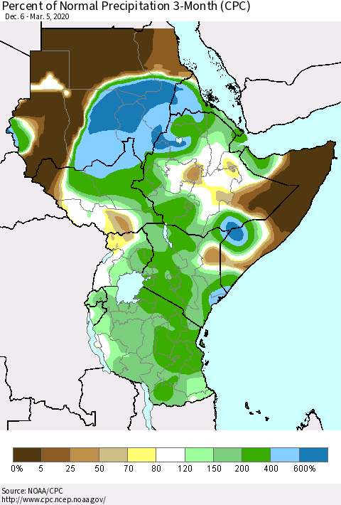 Eastern Africa Percent of Normal Precipitation 3-Month (CPC) Thematic Map For 12/6/2019 - 3/5/2020