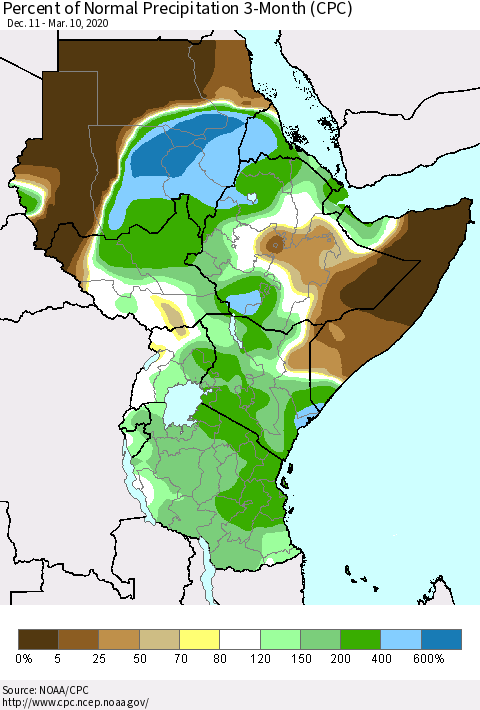 Eastern Africa Percent of Normal Precipitation 3-Month (CPC) Thematic Map For 12/11/2019 - 3/10/2020
