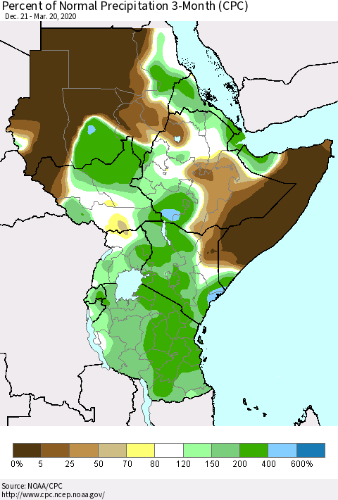 Eastern Africa Percent of Normal Precipitation 3-Month (CPC) Thematic Map For 12/21/2019 - 3/20/2020