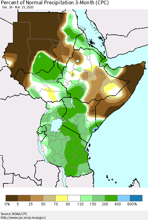 Eastern Africa Percent of Normal Precipitation 3-Month (CPC) Thematic Map For 12/26/2019 - 3/25/2020