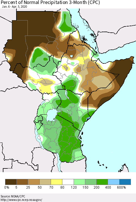 Eastern Africa Percent of Normal Precipitation 3-Month (CPC) Thematic Map For 1/6/2020 - 4/5/2020