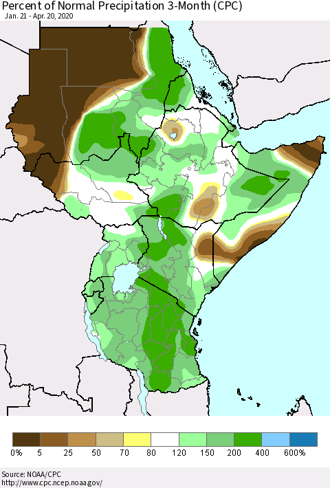 Eastern Africa Percent of Normal Precipitation 3-Month (CPC) Thematic Map For 1/21/2020 - 4/20/2020