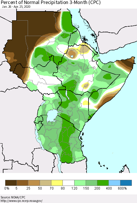 Eastern Africa Percent of Normal Precipitation 3-Month (CPC) Thematic Map For 1/26/2020 - 4/25/2020