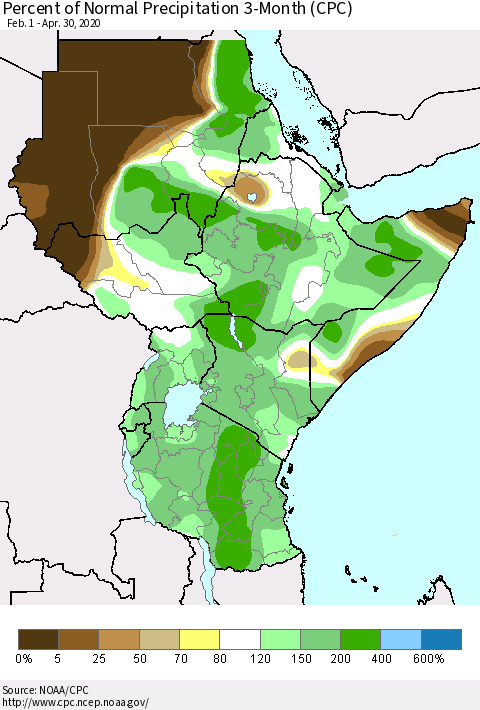 Eastern Africa Percent of Normal Precipitation 3-Month (CPC) Thematic Map For 2/1/2020 - 4/30/2020