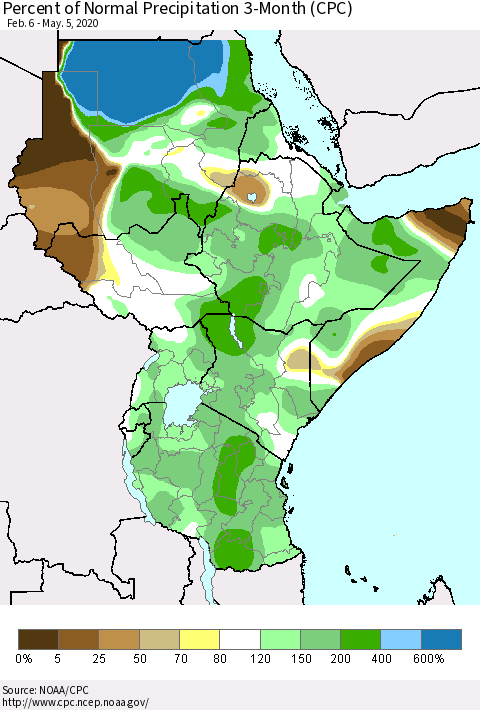 Eastern Africa Percent of Normal Precipitation 3-Month (CPC) Thematic Map For 2/6/2020 - 5/5/2020