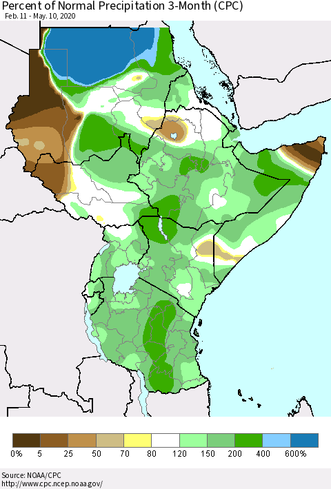 Eastern Africa Percent of Normal Precipitation 3-Month (CPC) Thematic Map For 2/11/2020 - 5/10/2020