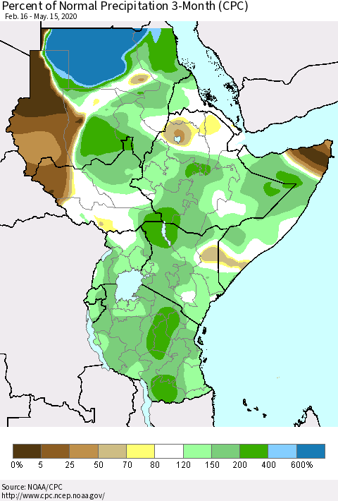 Eastern Africa Percent of Normal Precipitation 3-Month (CPC) Thematic Map For 2/16/2020 - 5/15/2020