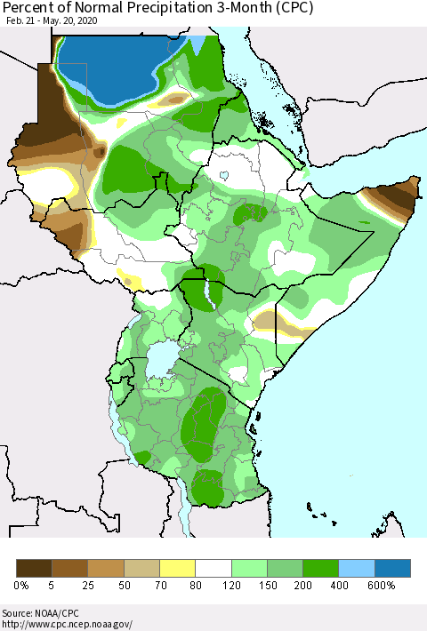 Eastern Africa Percent of Normal Precipitation 3-Month (CPC) Thematic Map For 2/21/2020 - 5/20/2020