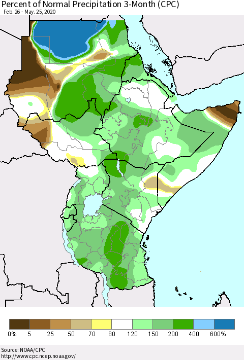 Eastern Africa Percent of Normal Precipitation 3-Month (CPC) Thematic Map For 2/26/2020 - 5/25/2020
