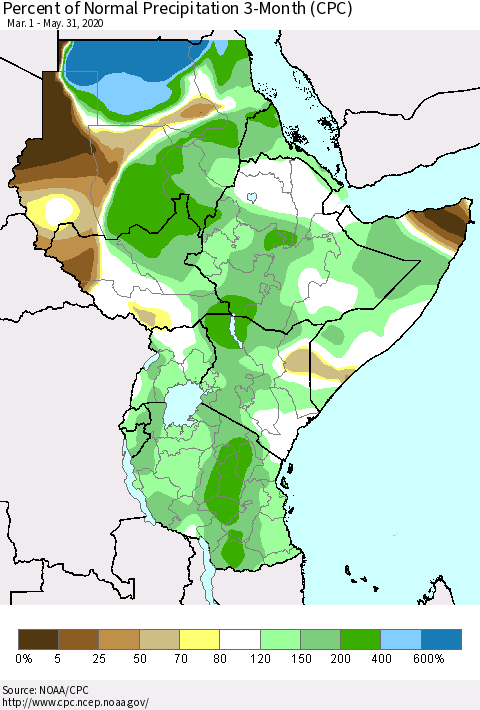 Eastern Africa Percent of Normal Precipitation 3-Month (CPC) Thematic Map For 3/1/2020 - 5/31/2020