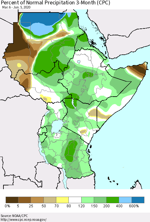 Eastern Africa Percent of Normal Precipitation 3-Month (CPC) Thematic Map For 3/6/2020 - 6/5/2020