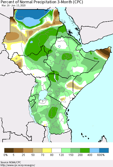 Eastern Africa Percent of Normal Precipitation 3-Month (CPC) Thematic Map For 3/16/2020 - 6/15/2020
