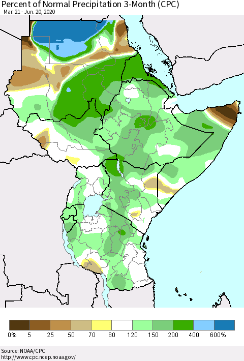 Eastern Africa Percent of Normal Precipitation 3-Month (CPC) Thematic Map For 3/21/2020 - 6/20/2020