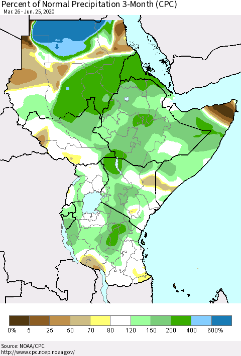 Eastern Africa Percent of Normal Precipitation 3-Month (CPC) Thematic Map For 3/26/2020 - 6/25/2020