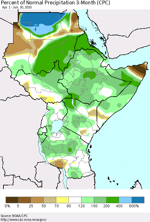 Eastern Africa Percent of Normal Precipitation 3-Month (CPC) Thematic Map For 4/1/2020 - 6/30/2020