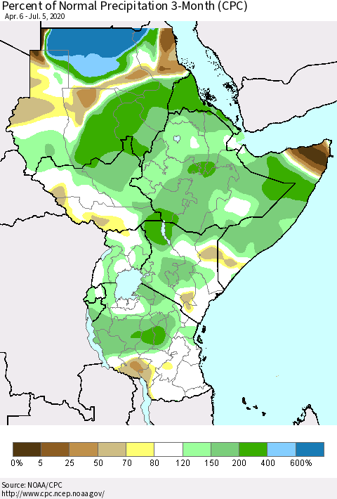 Eastern Africa Percent of Normal Precipitation 3-Month (CPC) Thematic Map For 4/6/2020 - 7/5/2020