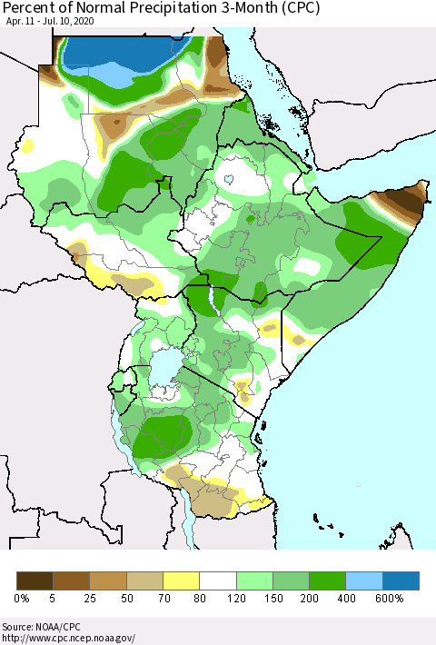 Eastern Africa Percent of Normal Precipitation 3-Month (CPC) Thematic Map For 4/11/2020 - 7/10/2020