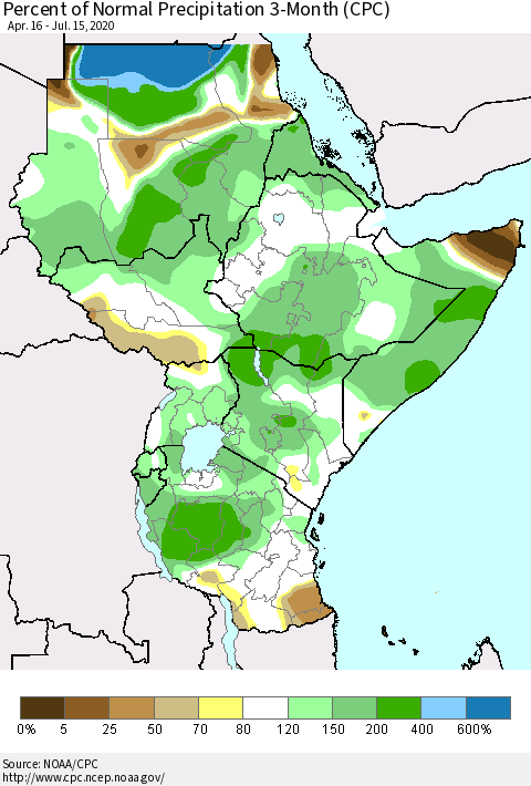 Eastern Africa Percent of Normal Precipitation 3-Month (CPC) Thematic Map For 4/16/2020 - 7/15/2020