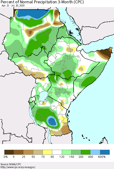Eastern Africa Percent of Normal Precipitation 3-Month (CPC) Thematic Map For 4/21/2020 - 7/20/2020