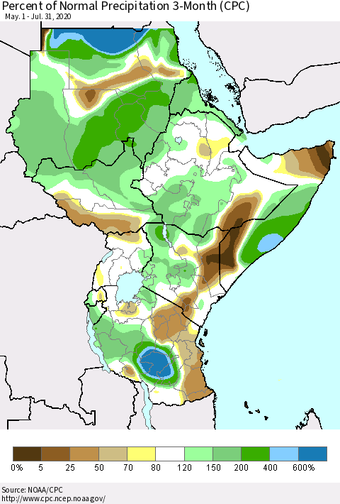 Eastern Africa Percent of Normal Precipitation 3-Month (CPC) Thematic Map For 5/1/2020 - 7/31/2020