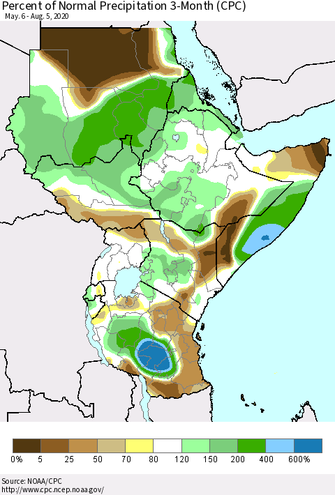 Eastern Africa Percent of Normal Precipitation 3-Month (CPC) Thematic Map For 5/6/2020 - 8/5/2020