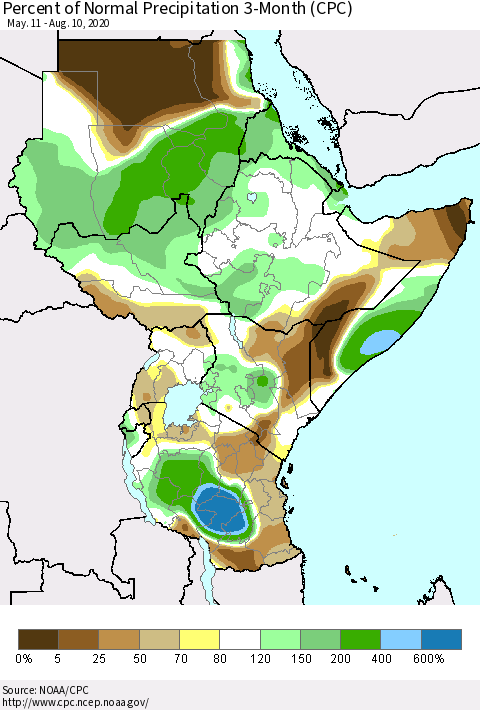 Eastern Africa Percent of Normal Precipitation 3-Month (CPC) Thematic Map For 5/11/2020 - 8/10/2020