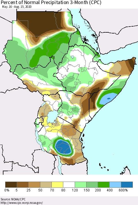 Eastern Africa Percent of Normal Precipitation 3-Month (CPC) Thematic Map For 5/16/2020 - 8/15/2020