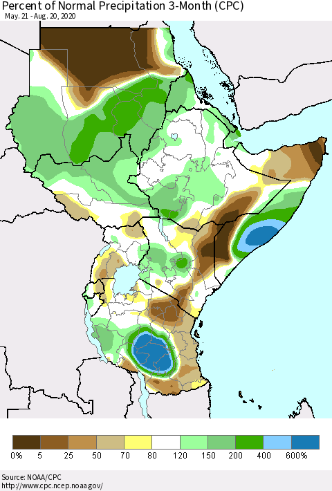 Eastern Africa Percent of Normal Precipitation 3-Month (CPC) Thematic Map For 5/21/2020 - 8/20/2020
