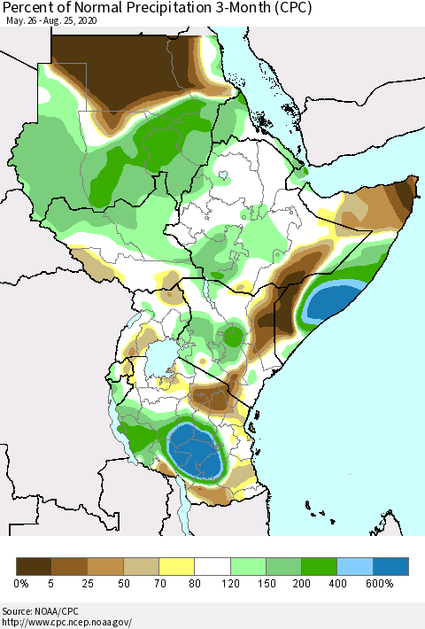 Eastern Africa Percent of Normal Precipitation 3-Month (CPC) Thematic Map For 5/26/2020 - 8/25/2020