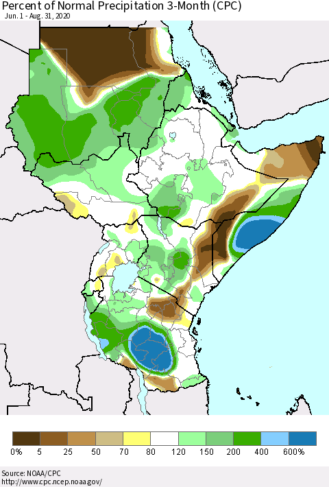 Eastern Africa Percent of Normal Precipitation 3-Month (CPC) Thematic Map For 6/1/2020 - 8/31/2020