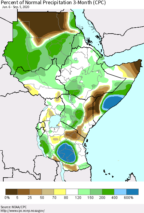 Eastern Africa Percent of Normal Precipitation 3-Month (CPC) Thematic Map For 6/6/2020 - 9/5/2020