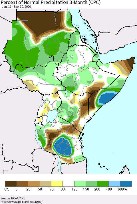 Eastern Africa Percent of Normal Precipitation 3-Month (CPC) Thematic Map For 6/11/2020 - 9/10/2020