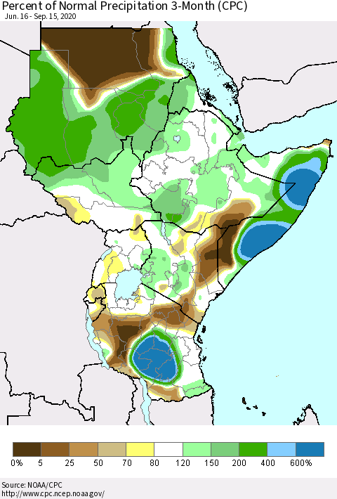 Eastern Africa Percent of Normal Precipitation 3-Month (CPC) Thematic Map For 6/16/2020 - 9/15/2020