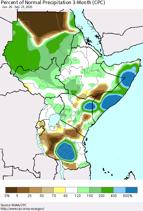 Eastern Africa Percent of Normal Precipitation 3-Month (CPC) Thematic Map For 6/26/2020 - 9/25/2020