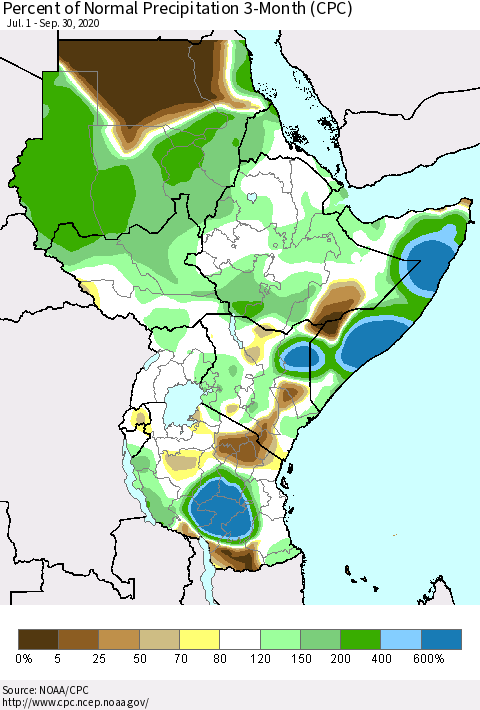 Eastern Africa Percent of Normal Precipitation 3-Month (CPC) Thematic Map For 7/1/2020 - 9/30/2020