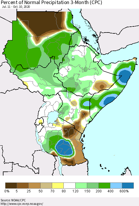 Eastern Africa Percent of Normal Precipitation 3-Month (CPC) Thematic Map For 7/11/2020 - 10/10/2020