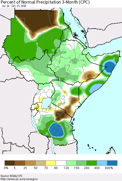 Eastern Africa Percent of Normal Precipitation 3-Month (CPC) Thematic Map For 7/16/2020 - 10/15/2020