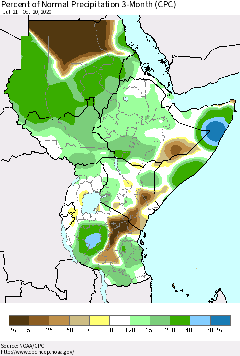 Eastern Africa Percent of Normal Precipitation 3-Month (CPC) Thematic Map For 7/21/2020 - 10/20/2020