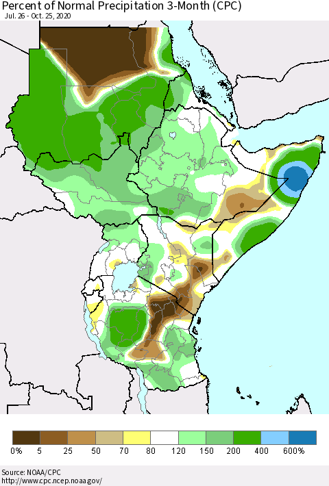 Eastern Africa Percent of Normal Precipitation 3-Month (CPC) Thematic Map For 7/26/2020 - 10/25/2020