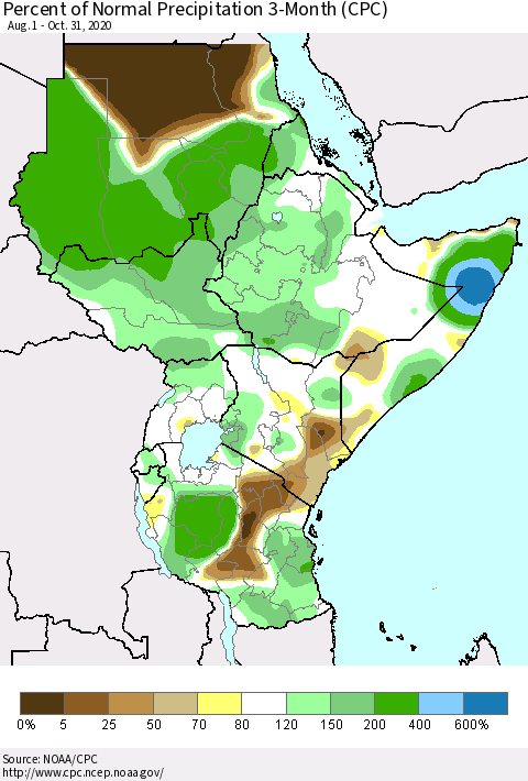 Eastern Africa Percent of Normal Precipitation 3-Month (CPC) Thematic Map For 8/1/2020 - 10/31/2020