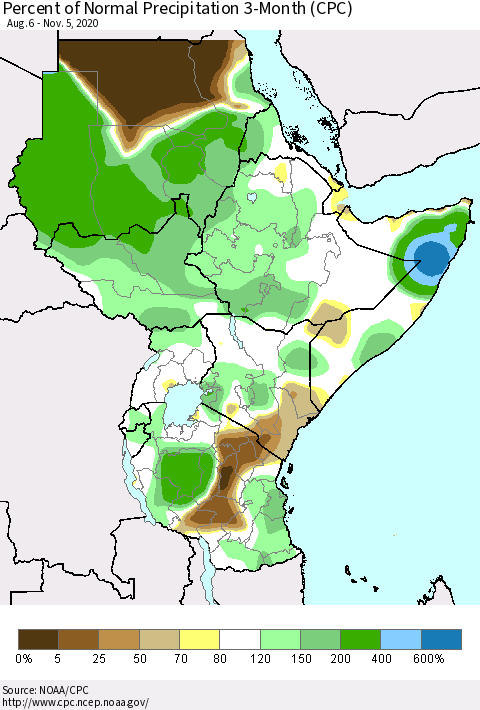 Eastern Africa Percent of Normal Precipitation 3-Month (CPC) Thematic Map For 8/6/2020 - 11/5/2020