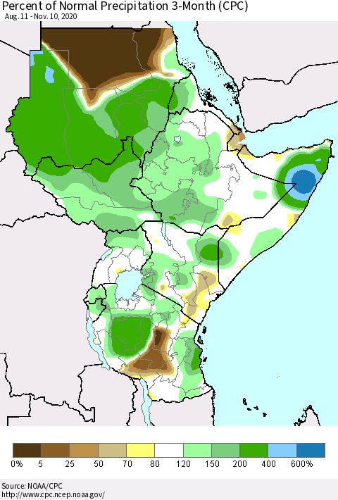 Eastern Africa Percent of Normal Precipitation 3-Month (CPC) Thematic Map For 8/11/2020 - 11/10/2020