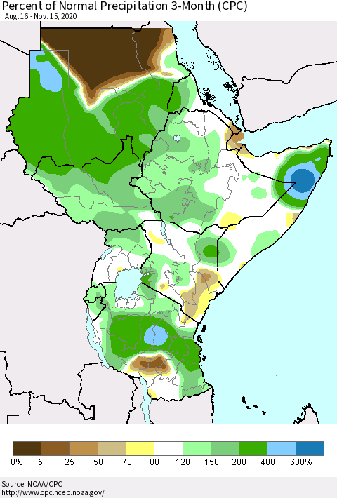 Eastern Africa Percent of Normal Precipitation 3-Month (CPC) Thematic Map For 8/16/2020 - 11/15/2020